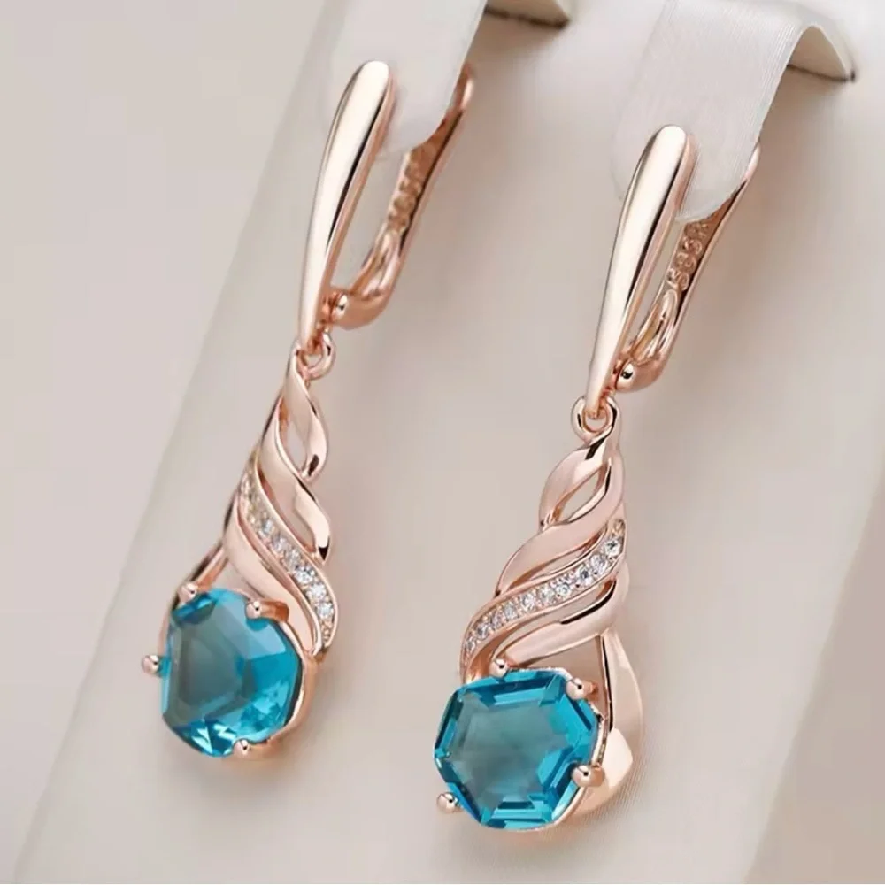 Shiny Blue Stone Long Drop Earrings for Women Natural Zircon 585